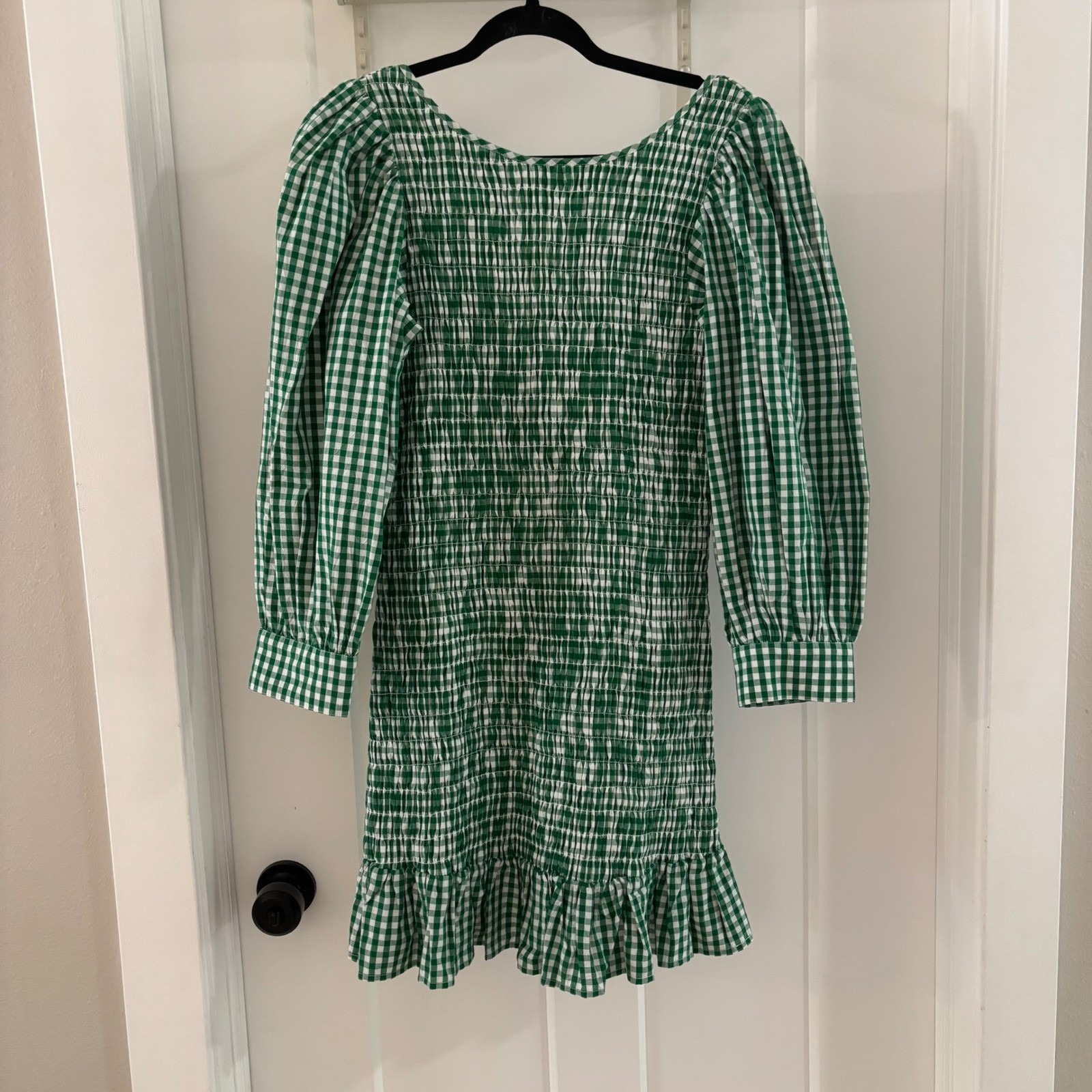 Rue Stiic Billie Mini Dress Green Gingham Long Sleeve Cotton Medium Smocked $202